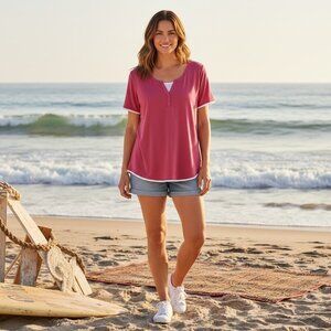 Woman Within Top Plus Size 4X Coral White Piping Cap Sleeve Top Casual Beachy